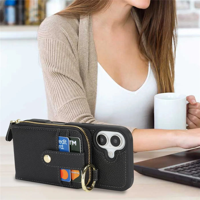 For iPhone 17 Case with Zipper Pouch  /  Ring Kickstand  /  Strap Litchi Texture PU + TPU Phone Cover - Black - 6