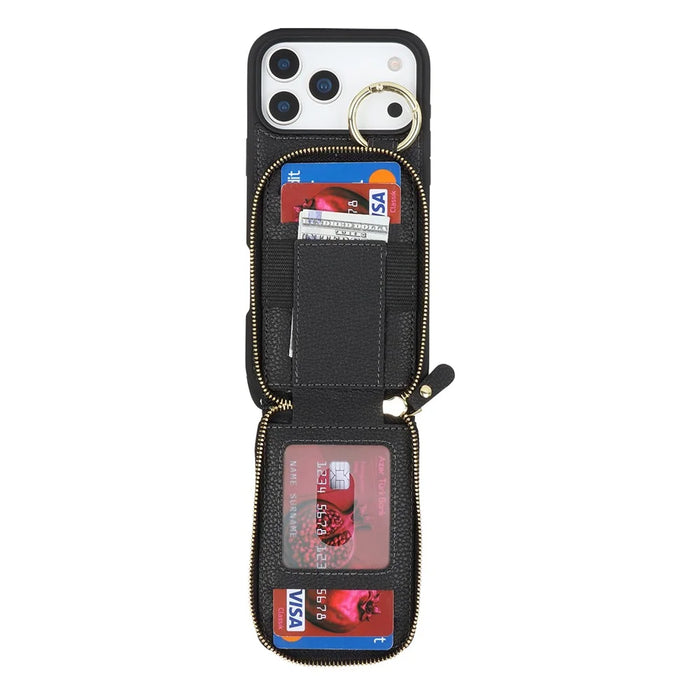 For iPhone 18 Pro Max / 17 Pro Max Case with Zipper Pouch  /  Ring Kickstand  /  Strap Litchi Texture PU + TPU Phone Cover - Black - 3