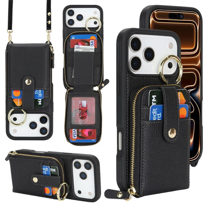 For iPhone 18 Pro / 17 Pro Case with Zipper Pouch  /  Ring Kickstand  /  Strap Litchi Texture PU + TPU Phone Cover - Black - 1