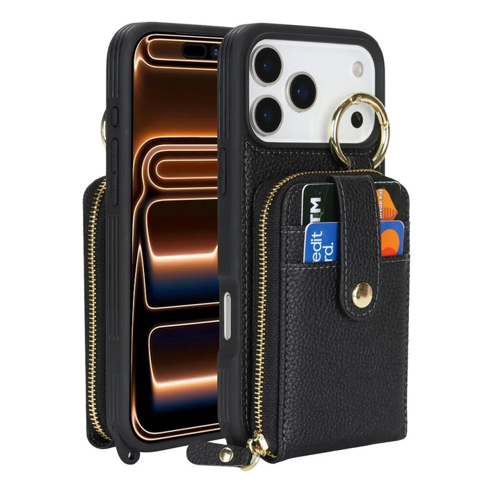 For iPhone 18 Pro / 17 Pro Case with Zipper Pouch  /  Ring Kickstand  /  Strap Litchi Texture PU + TPU Phone Cover - Black - 2