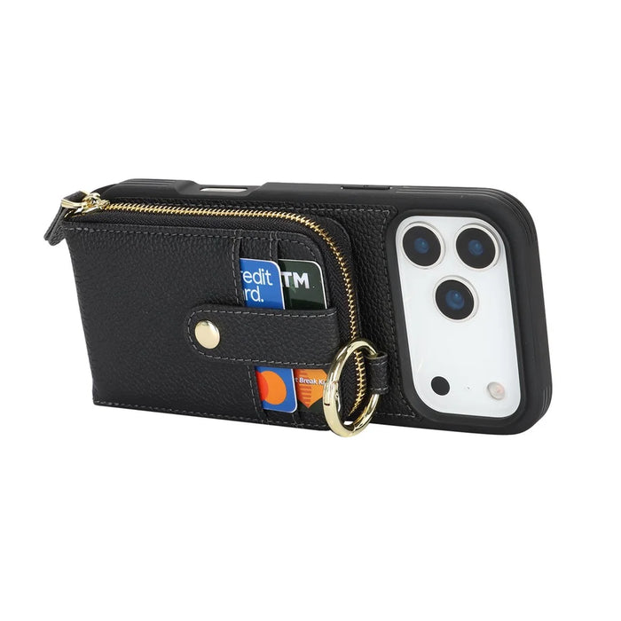 For iPhone 18 Pro / 17 Pro Case with Zipper Pouch  /  Ring Kickstand  /  Strap Litchi Texture PU + TPU Phone Cover - Black - 4