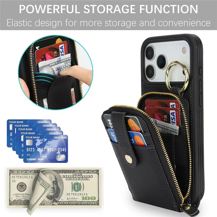 For iPhone 18 Pro / 17 Pro Case with Zipper Pouch  /  Ring Kickstand  /  Strap Litchi Texture PU + TPU Phone Cover - Black - 5