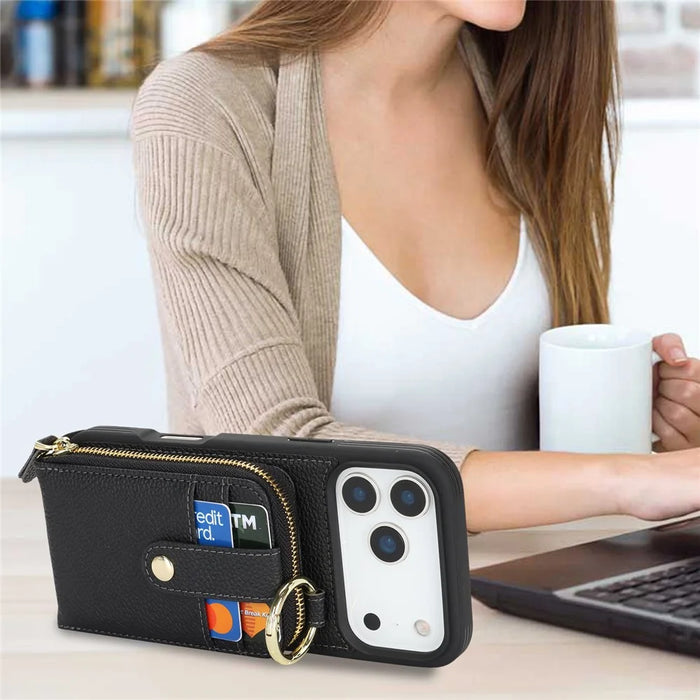 For iPhone 18 Pro / 17 Pro Case with Zipper Pouch  /  Ring Kickstand  /  Strap Litchi Texture PU + TPU Phone Cover - Black - 6