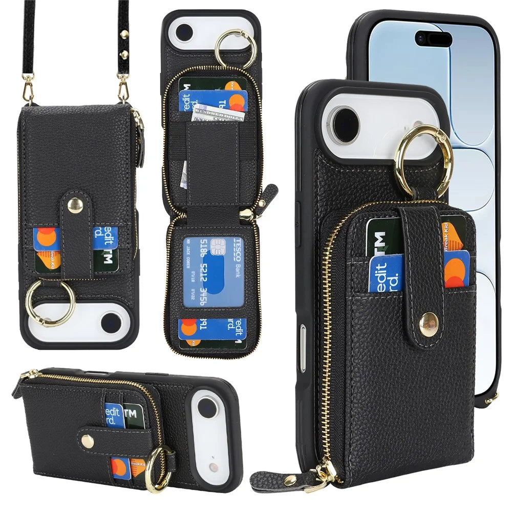 For iPhone Air Case with Zipper Pouch  /  Ring Kickstand  /  Strap Litchi Texture PU + TPU Phone Cover - Black - 1