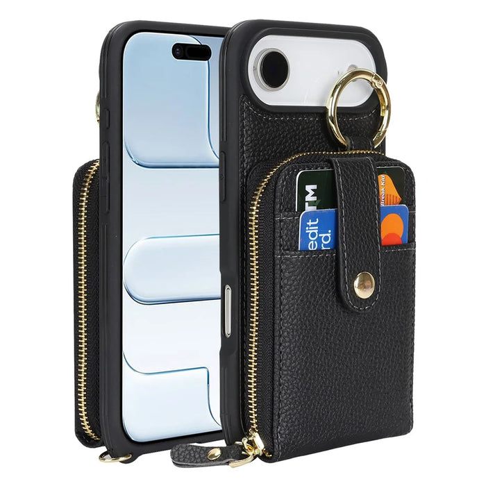For iPhone Air Case with Zipper Pouch  /  Ring Kickstand  /  Strap Litchi Texture PU + TPU Phone Cover - Black - 2