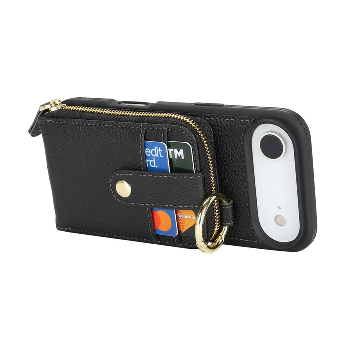 For iPhone Air Case with Zipper Pouch  /  Ring Kickstand  /  Strap Litchi Texture PU + TPU Phone Cover - Black - 3