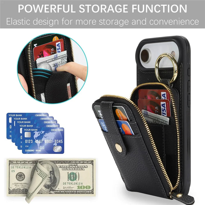 For iPhone Air Case with Zipper Pouch  /  Ring Kickstand  /  Strap Litchi Texture PU + TPU Phone Cover - Black - 5