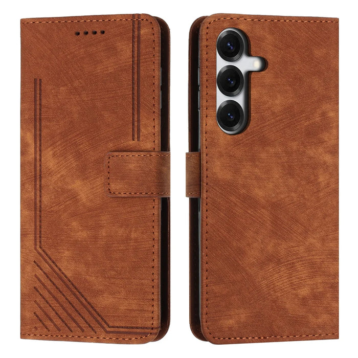 For Samsung Galaxy S26+ Stand Case Imprinted Lines Leather Phone Cover - Brown - 1