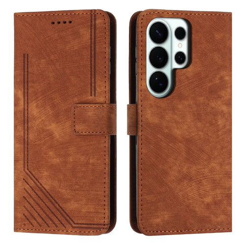 For Samsung Galaxy S26 Ultra Stand Case Imprinted Lines Leather Phone Cover - Brown - 1