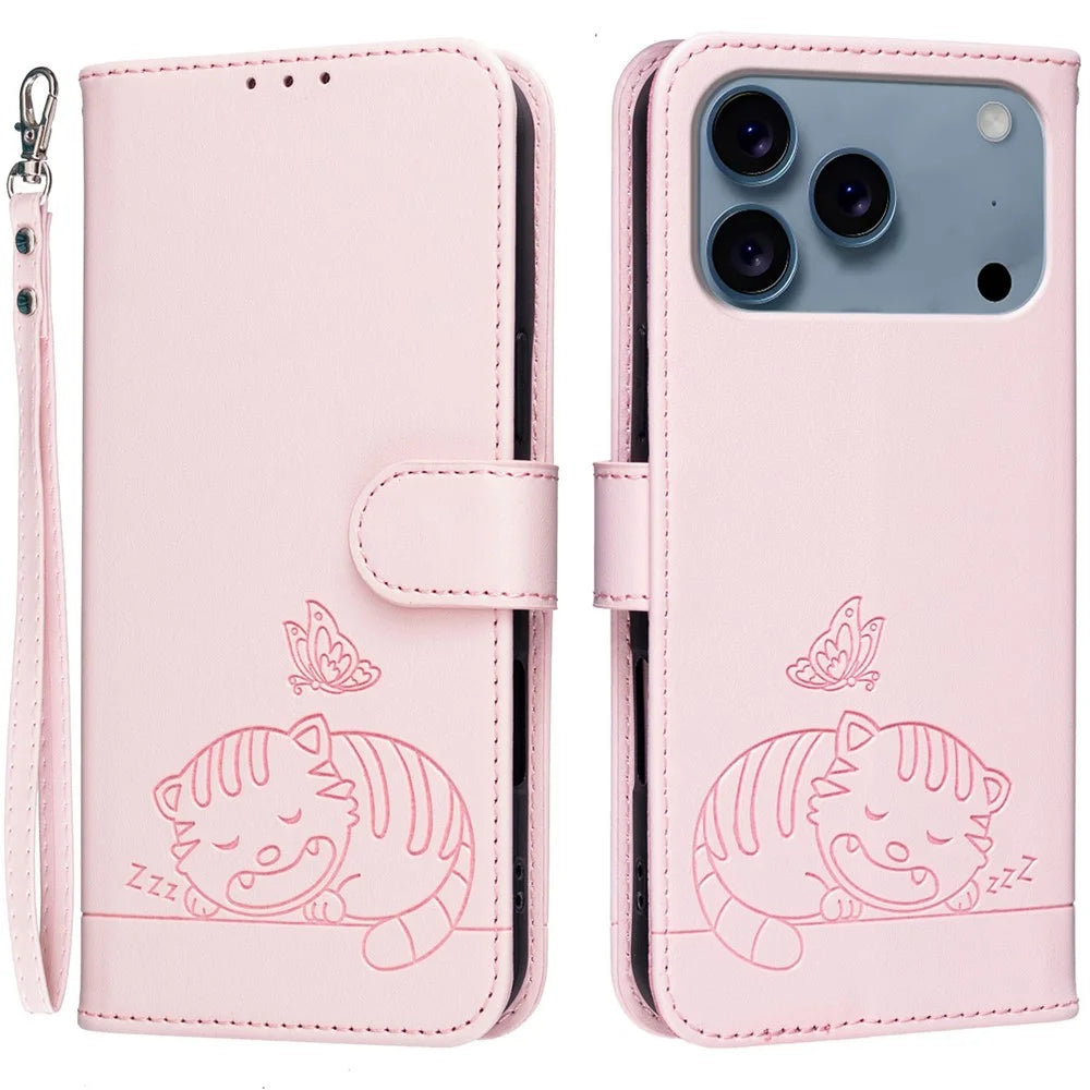 For iPhone 18 Pro Max / 17 Pro Max Case RFID Blocking Wallet Stand Imprinted Cat Pattern Leather Flip Phone Cover with Wrist Strap - Pink - 1