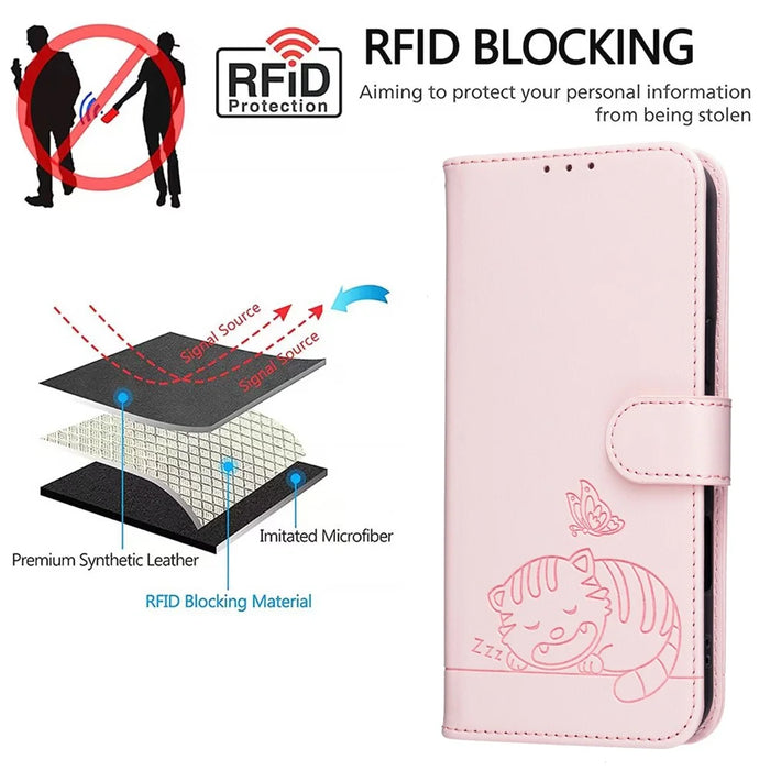 For iPhone 18 Pro Max / 17 Pro Max Case RFID Blocking Wallet Stand Imprinted Cat Pattern Leather Flip Phone Cover with Wrist Strap - Pink - 4