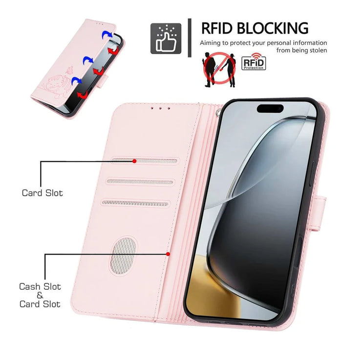 For iPhone 18 Pro Max / 17 Pro Max Case RFID Blocking Wallet Stand Imprinted Cat Pattern Leather Flip Phone Cover with Wrist Strap - Pink - 5