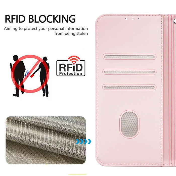 For iPhone 18 Pro Max / 17 Pro Max Case RFID Blocking Wallet Stand Imprinted Cat Pattern Leather Flip Phone Cover with Wrist Strap - Pink - 6