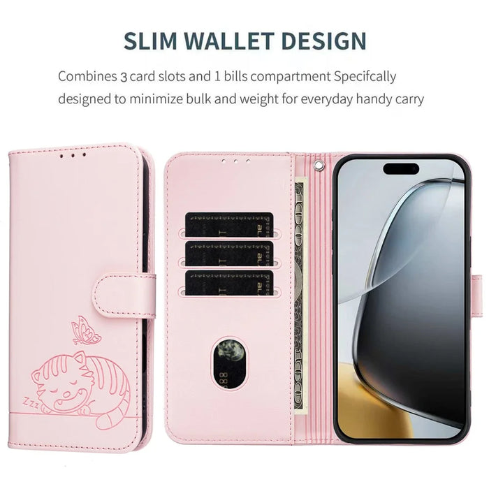 For iPhone 18 Pro Max / 17 Pro Max Case RFID Blocking Wallet Stand Imprinted Cat Pattern Leather Flip Phone Cover with Wrist Strap - Pink - 7