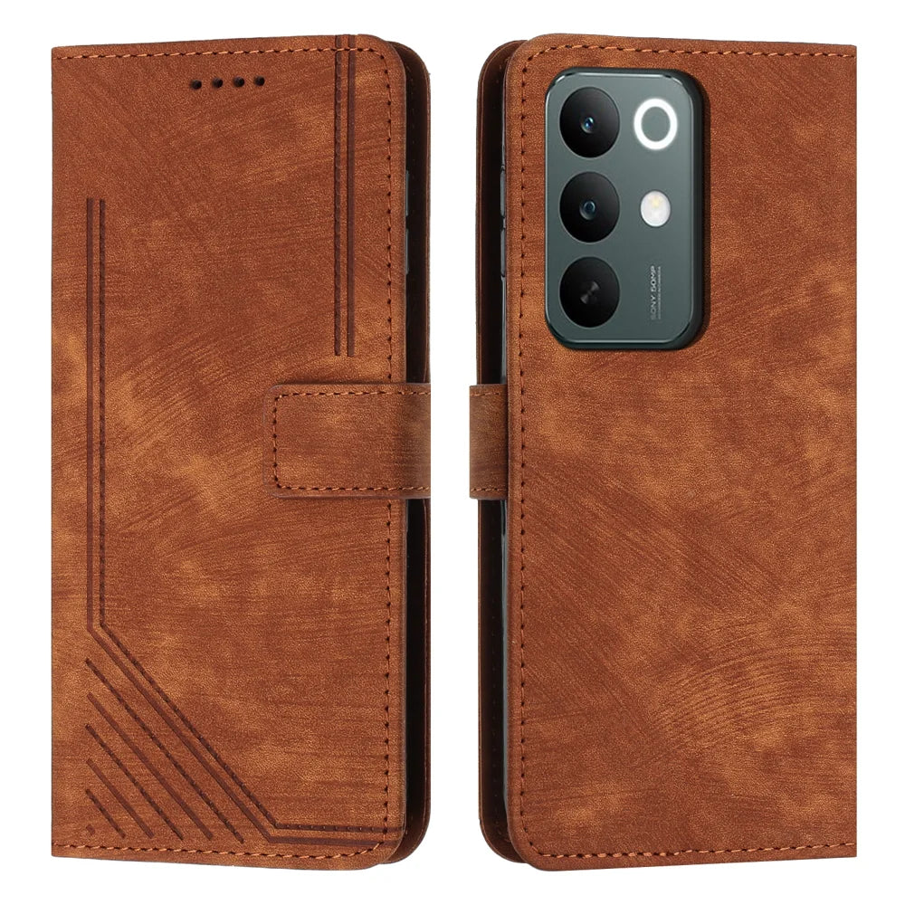 For Realme C85 Pro 4G Stand Case Imprinted Lines Leather Phone Cover - Brown - 1