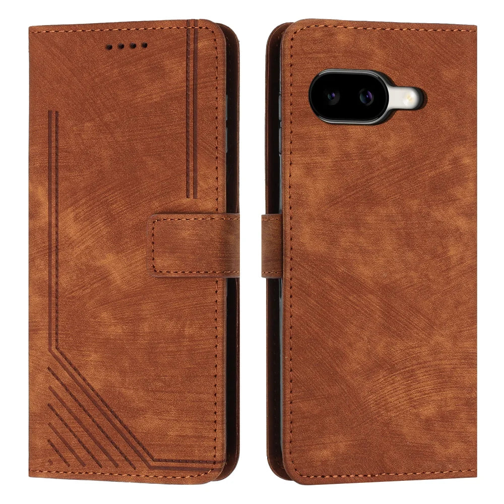 For Google Pixel 10a Stand Case Imprinted Lines Leather Phone Cover - Brown - 1