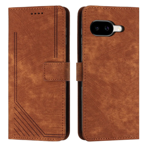 For Google Pixel 10a Stand Case Imprinted Lines Leather Phone Cover - Brown - 1