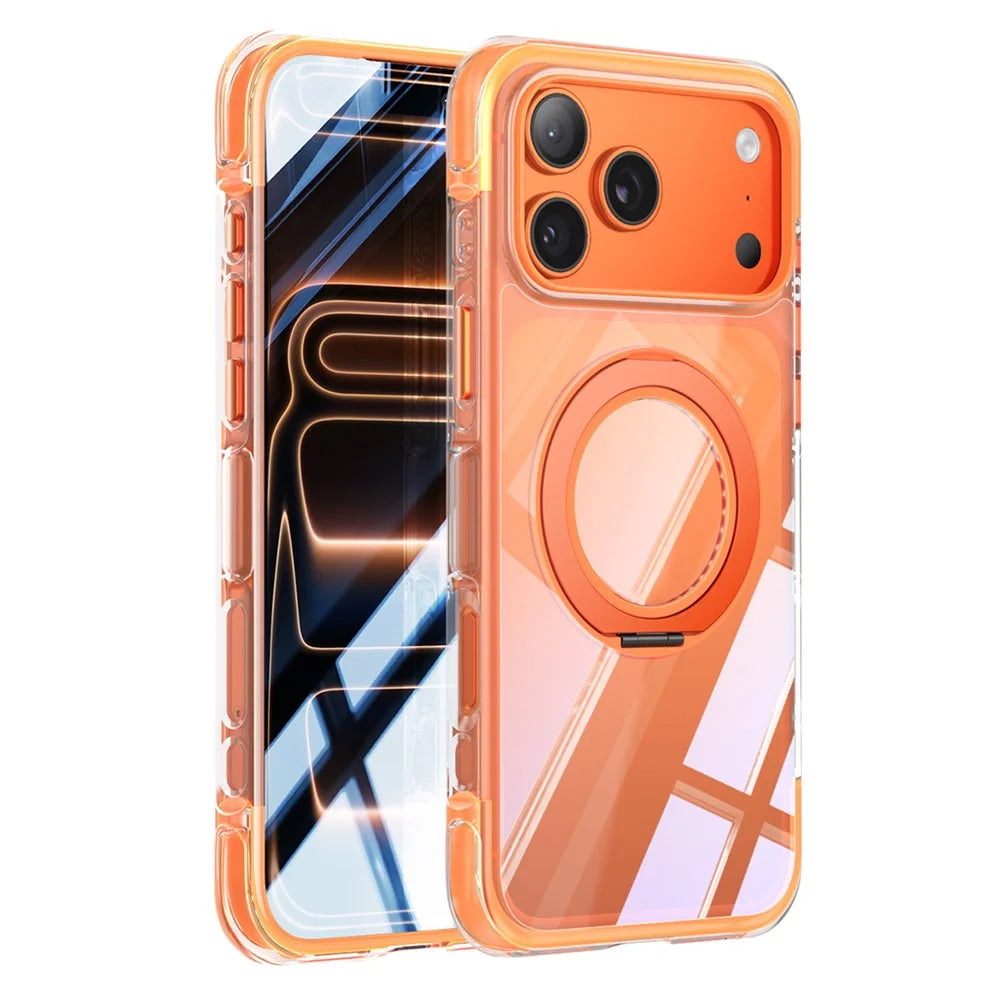 For iPhone 17 Pro Case Compatible with MagSafe Rotating Kickstand Clear Acrylic TPU Shockproof Phone Cover - Orange - 1