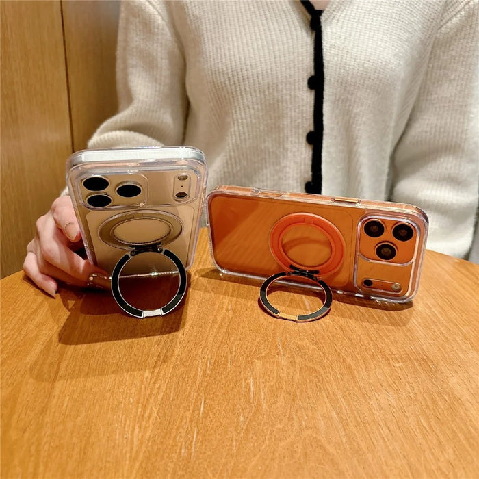 For iPhone 17 Pro Case Kickstand PC + TPU Shockproof Clear Phone Cover Compatible with MagSafe - Transparent  /  Orange - 5
