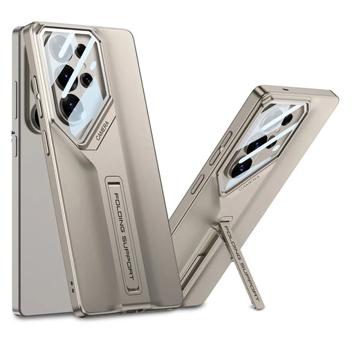 GKK For Samsung Galaxy S26 Ultra Case Kickstand Shockproof PC Phone Cover with Glass Lens Cover - Titanium Gold - 1