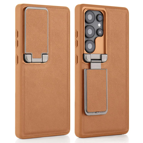 GKK For Samsung Galaxy S26 Ultra Case Lens Cover Kickstand TPU+PU Phone Back Cover - Brown - 1