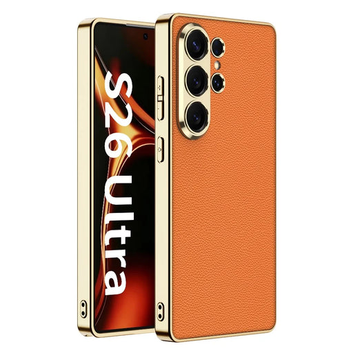 GKK for Samsung Galaxy S26 Ultra Case Electroplating Leather Coated TPU Frame PC Back Cover - Orange - 1