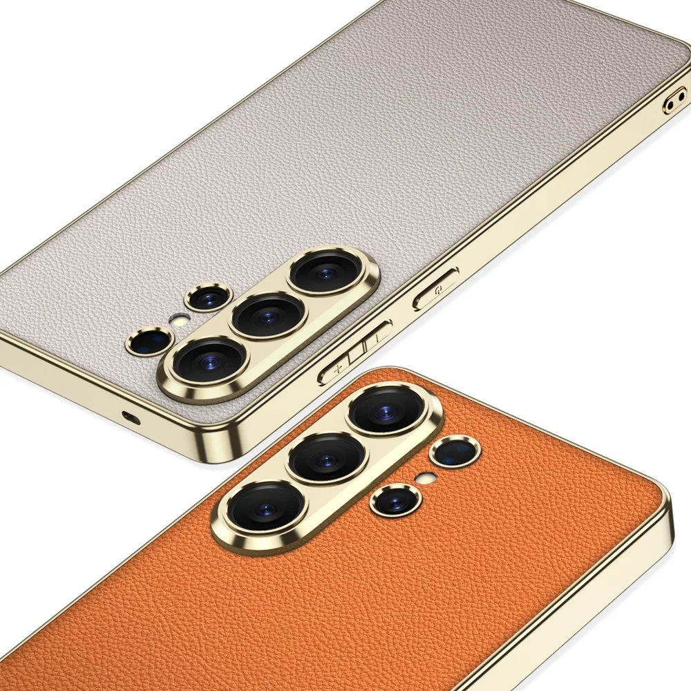 GKK for Samsung Galaxy S26 Ultra Case Electroplating Leather Coated TPU Frame PC Back Cover - Orange - 6