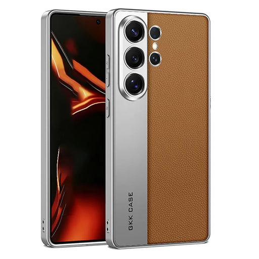 GKK For Samsung Galaxy S26 Ultra Case Electroplated PU Leather + PC + TPU Matte Phone Back Cover - Brown - 1