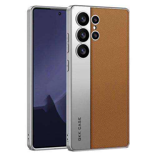 GKK For Samsung Galaxy S25 Ultra Case Electroplated PU Leather + PC + TPU Matte Phone Back Cover - Brown - 1