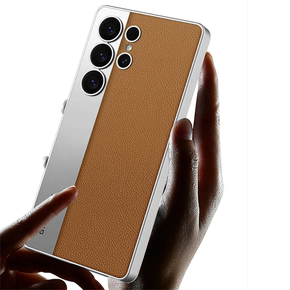 GKK For Samsung Galaxy S25 Ultra Case Electroplated PU Leather + PC + TPU Matte Phone Back Cover - Brown - 3