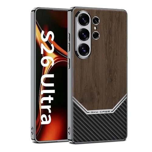 GKK For Samsung Galaxy S26 Ultra Case Electroplated PC TPU PU Leather Phone Cover Wood Grain - Brown - 1