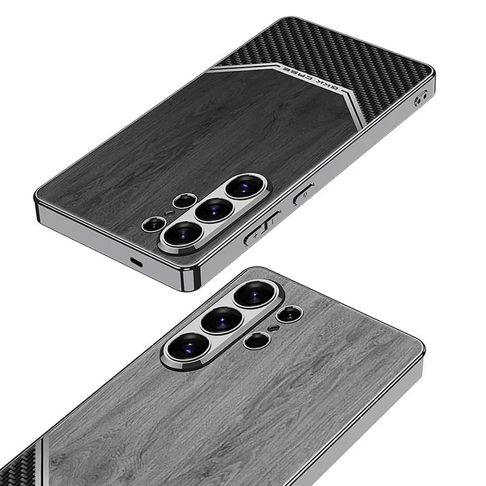 GKK For Samsung Galaxy S26 Ultra Case Electroplated PC TPU PU Leather Phone Cover Wood Grain - Brown - 2