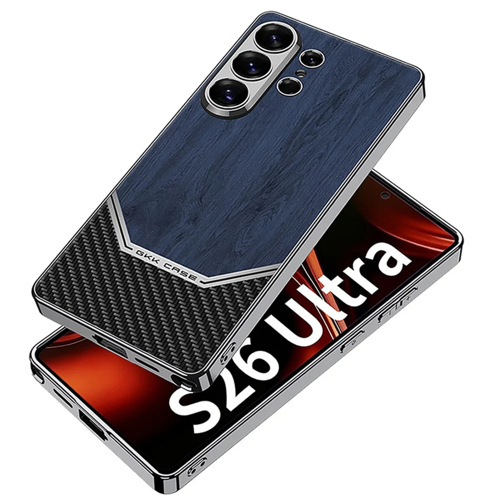 GKK For Samsung Galaxy S26 Ultra Case Electroplated PC TPU PU Leather Phone Cover Wood Grain - Brown - 5