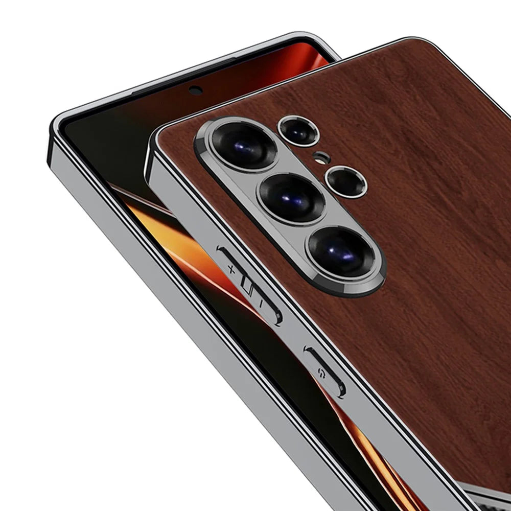 GKK For Samsung Galaxy S26 Ultra Case Electroplated PC TPU PU Leather Phone Cover Wood Grain - Brown - 6