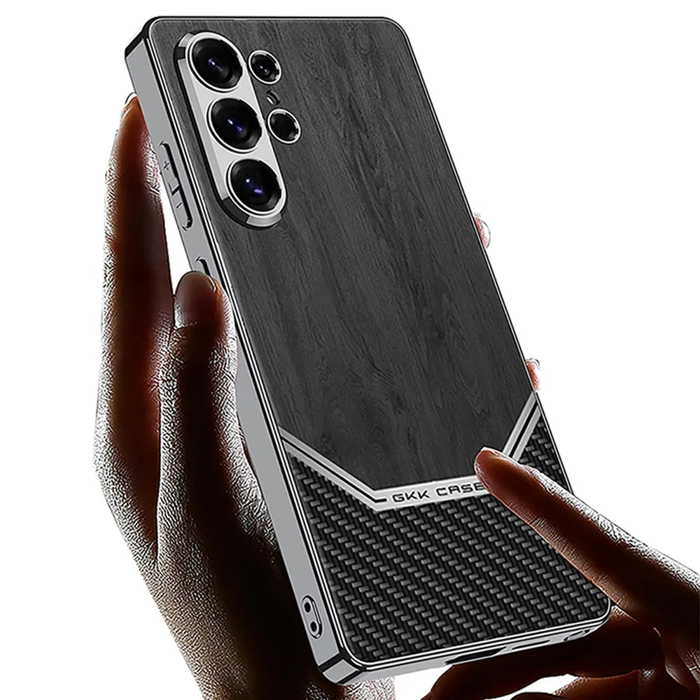 GKK For Samsung Galaxy S26 Ultra Case Electroplated PC TPU PU Leather Phone Cover Wood Grain - Brown - 7