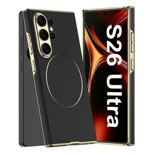 GKK For Samsung Galaxy S26 Ultra Case Magnetic Nickel Ring Leather TPU Electroplating Phone Cover - Black - 1