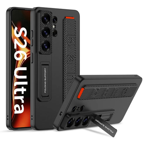 GKK For Samsung Galaxy S26 Ultra Case with Wristband Kickstand PU+Hard PC Protective Phone Cover - Carbon Fiber Texture - 1