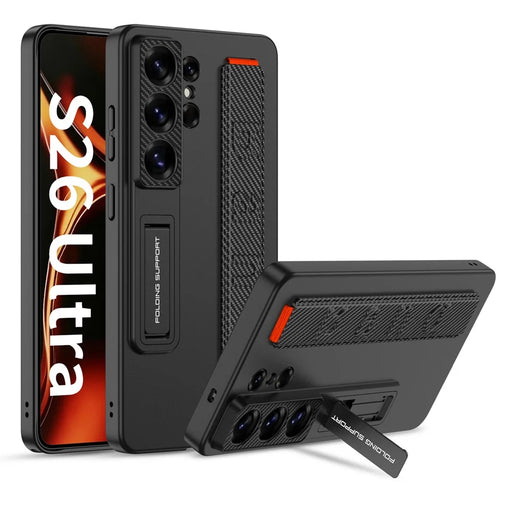 GKK For Samsung Galaxy S26 Ultra Case with Wristband Kickstand PU+Hard PC Protective Phone Cover - Carbon Fiber Texture - 1