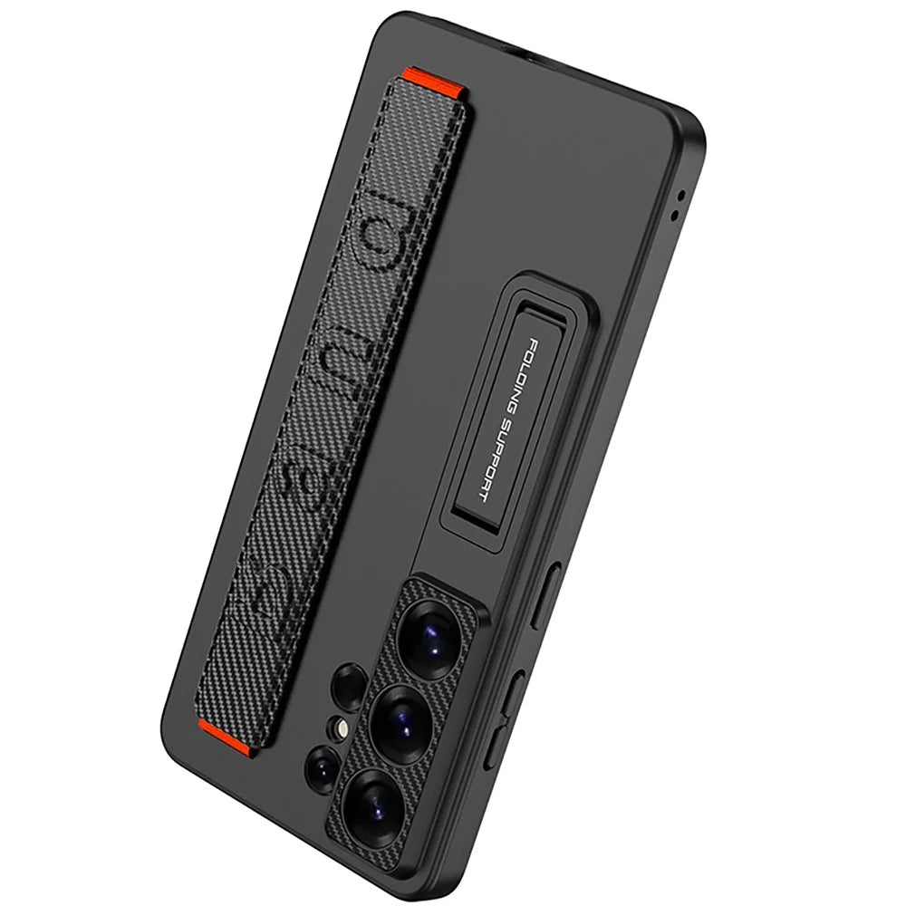 GKK For Samsung Galaxy S26 Ultra Case with Wristband Kickstand PU+Hard PC Protective Phone Cover - Carbon Fiber Texture - 3