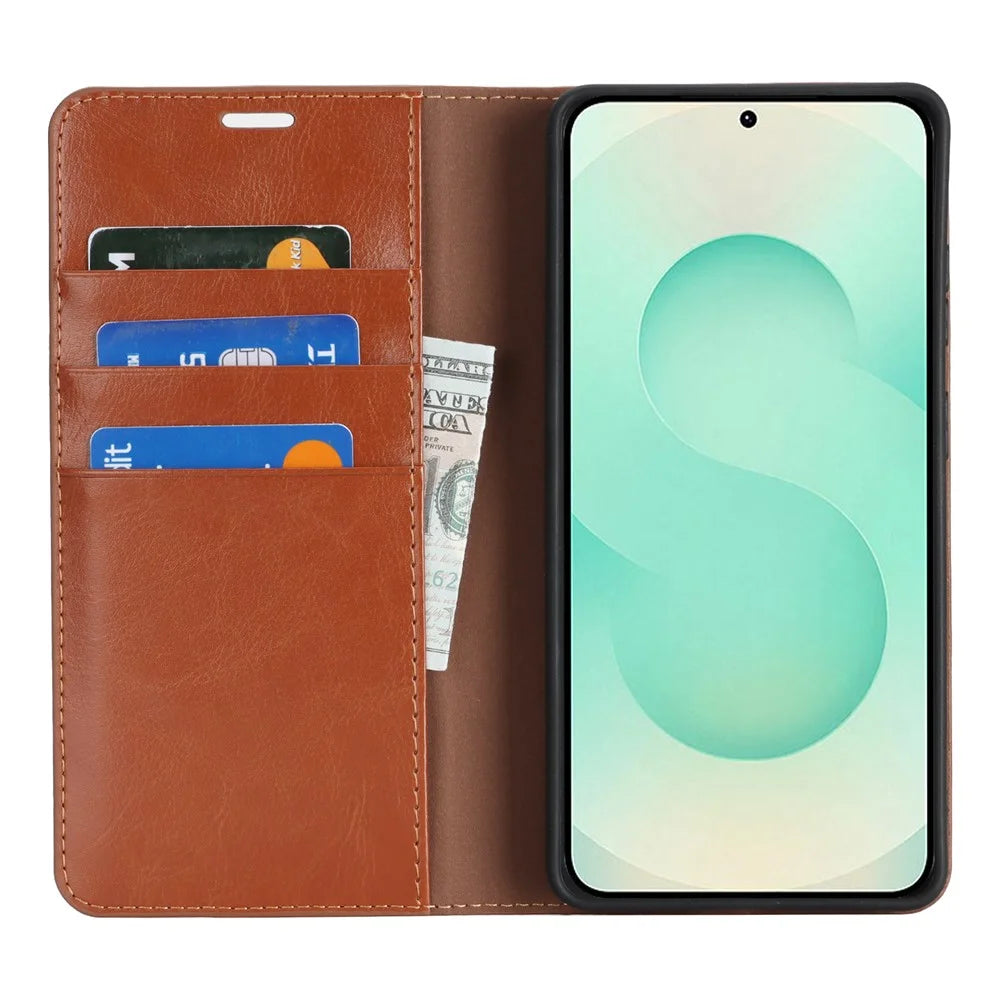 For Samsung Galaxy S26 Case Crazy Horse Texture Split Leather Wallet Phone Cover  - Light Brown - 2