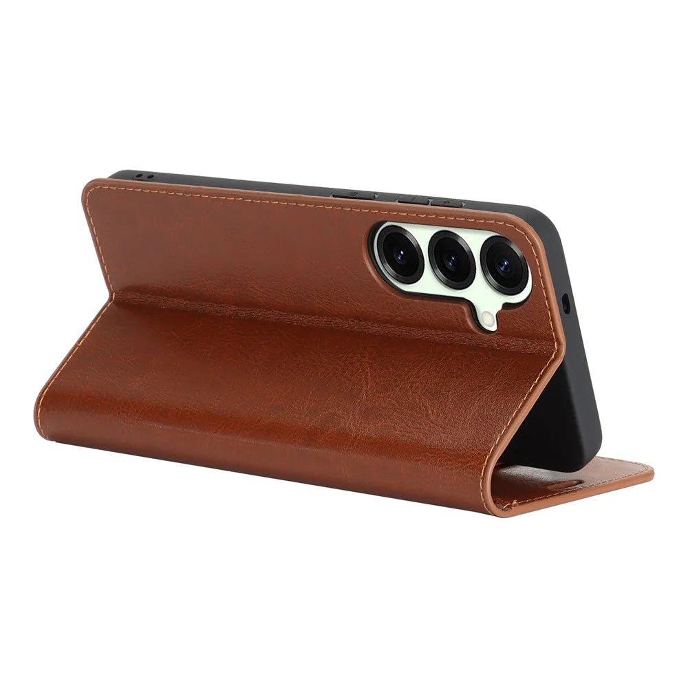 For Samsung Galaxy S26 Case Crazy Horse Texture Split Leather Wallet Phone Cover  - Light Brown - 3