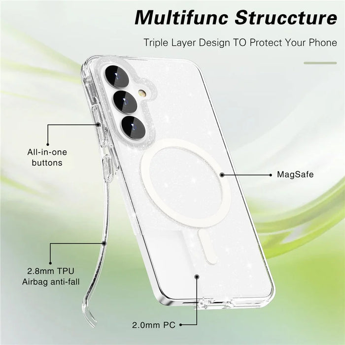 For Samsung Galaxy S26 Magnetic Case Glitter Powder PC + TPU Phone Cover - Transparent White - 5