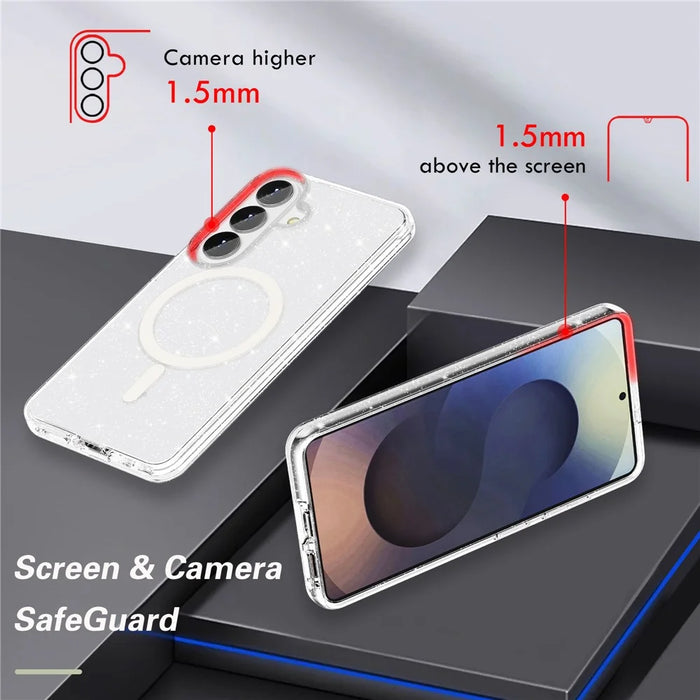 For Samsung Galaxy S26 Magnetic Case Glitter Powder PC + TPU Phone Cover - Transparent White - 7