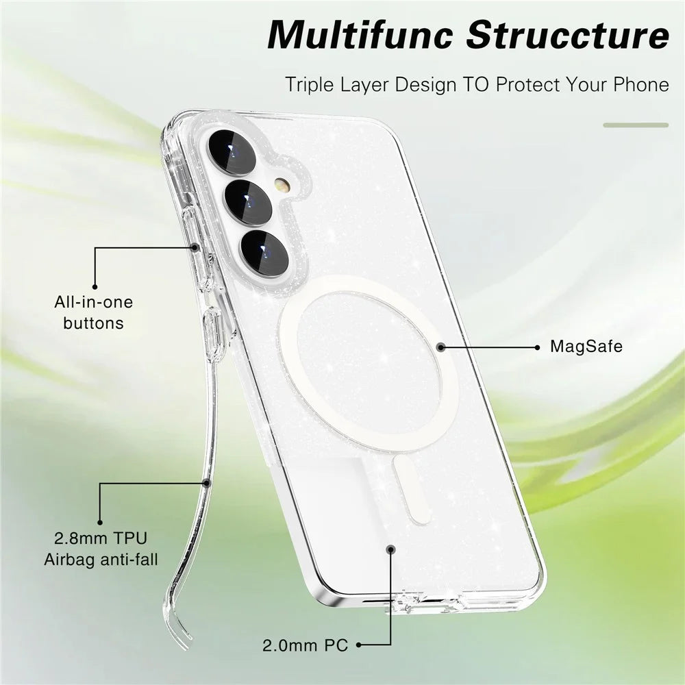 For Samsung Galaxy S26+ Magnetic Case Glitter Powder PC + TPU Phone Cover - Transparent White - 5