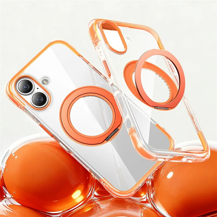 For iPhone 17 Case Compatible with MagSafe Rotating Kickstand Clear Acrylic TPU Shockproof Phone Cover - Orange - 1