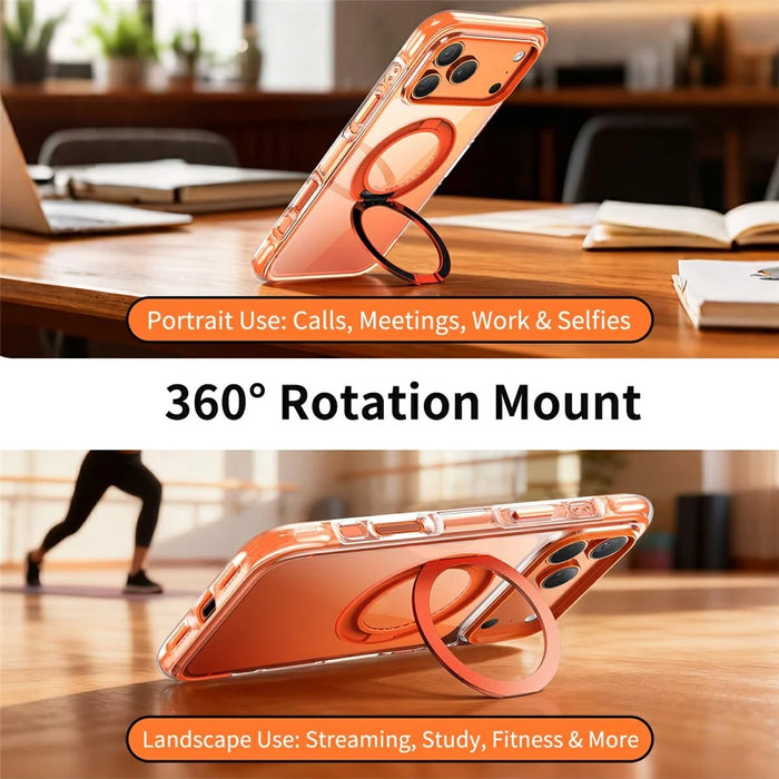 For iPhone 17 Case Compatible with MagSafe Rotating Kickstand Clear Acrylic TPU Shockproof Phone Cover - Orange - 7