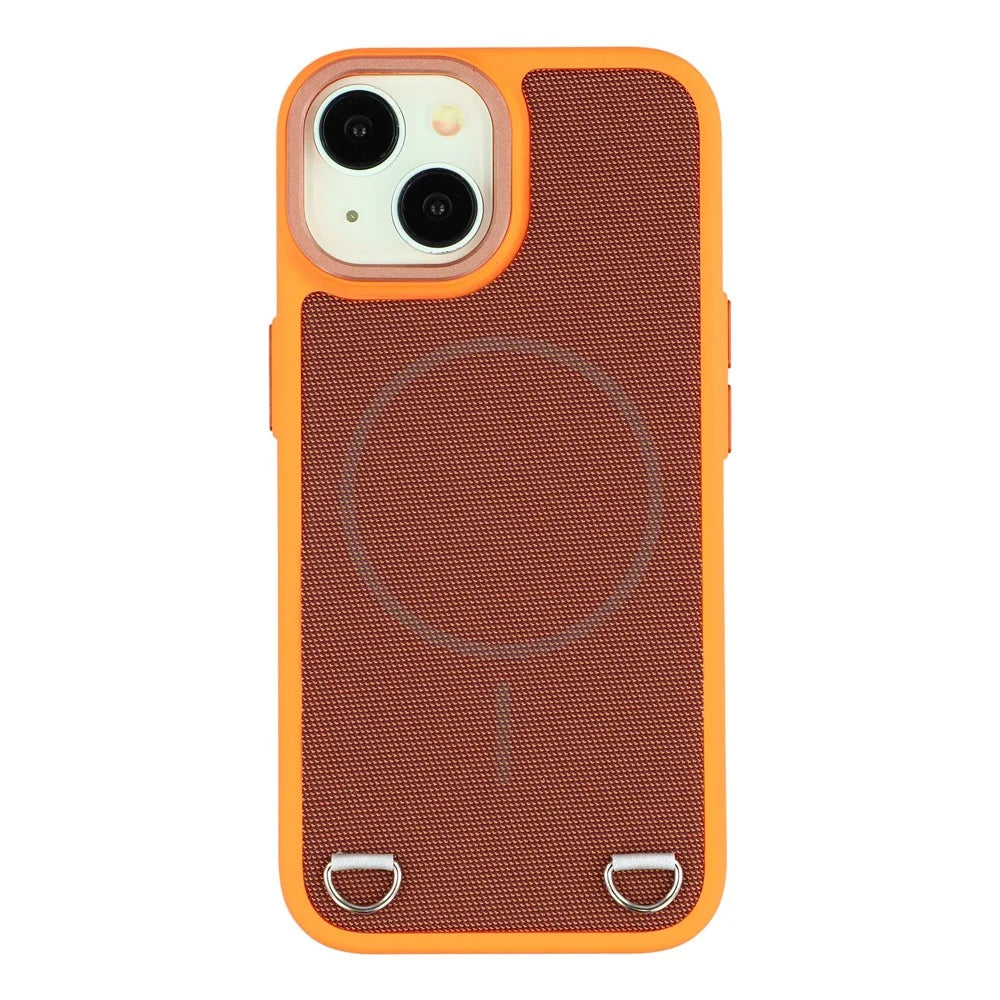 For iPhone 15 Case Compatible with MagSafe Skin Touch Synthetic Leather + PC Phone Back Cover with Card Slot - Orange - 3