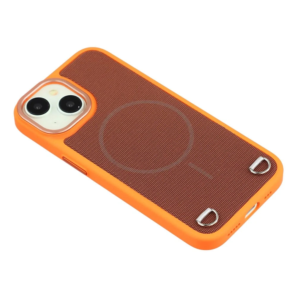 For iPhone 15 Case Compatible with MagSafe Skin Touch Synthetic Leather + PC Phone Back Cover with Card Slot - Orange - 4