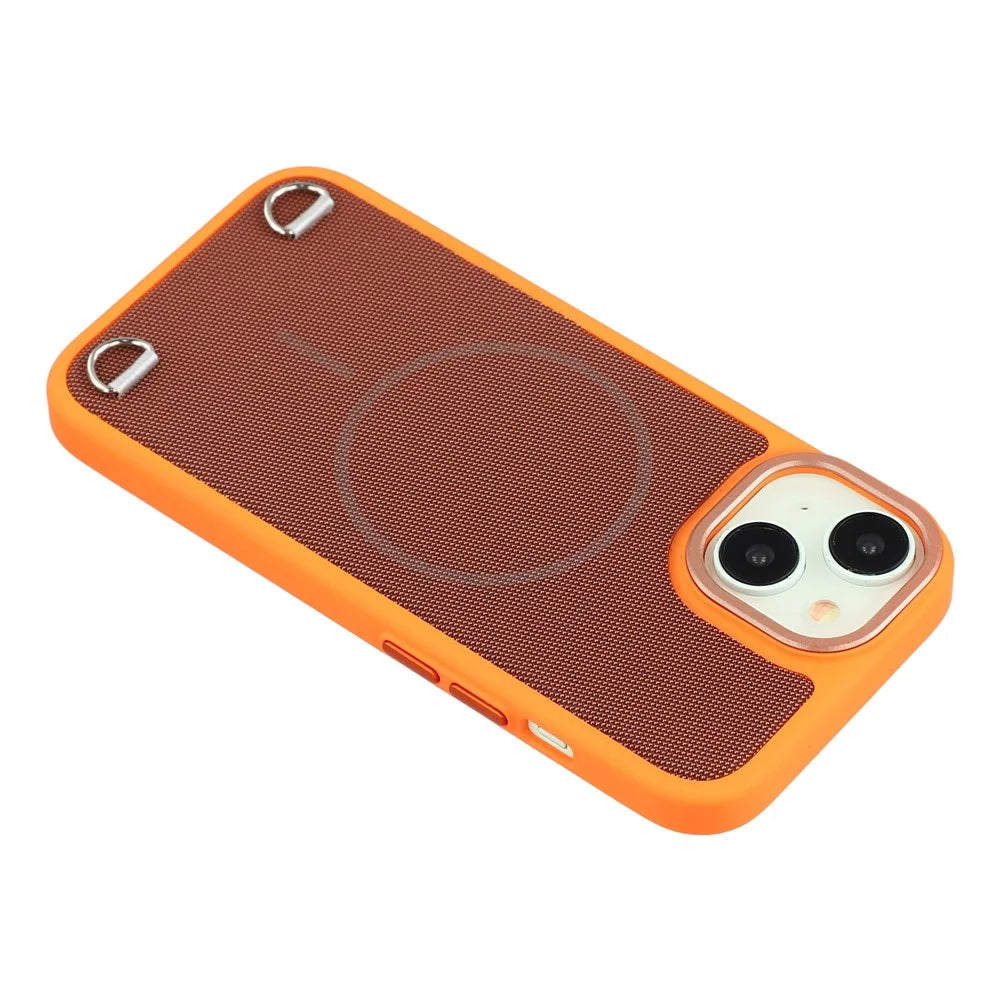 For iPhone 15 Case Compatible with MagSafe Skin Touch Synthetic Leather + PC Phone Back Cover with Card Slot - Orange - 5