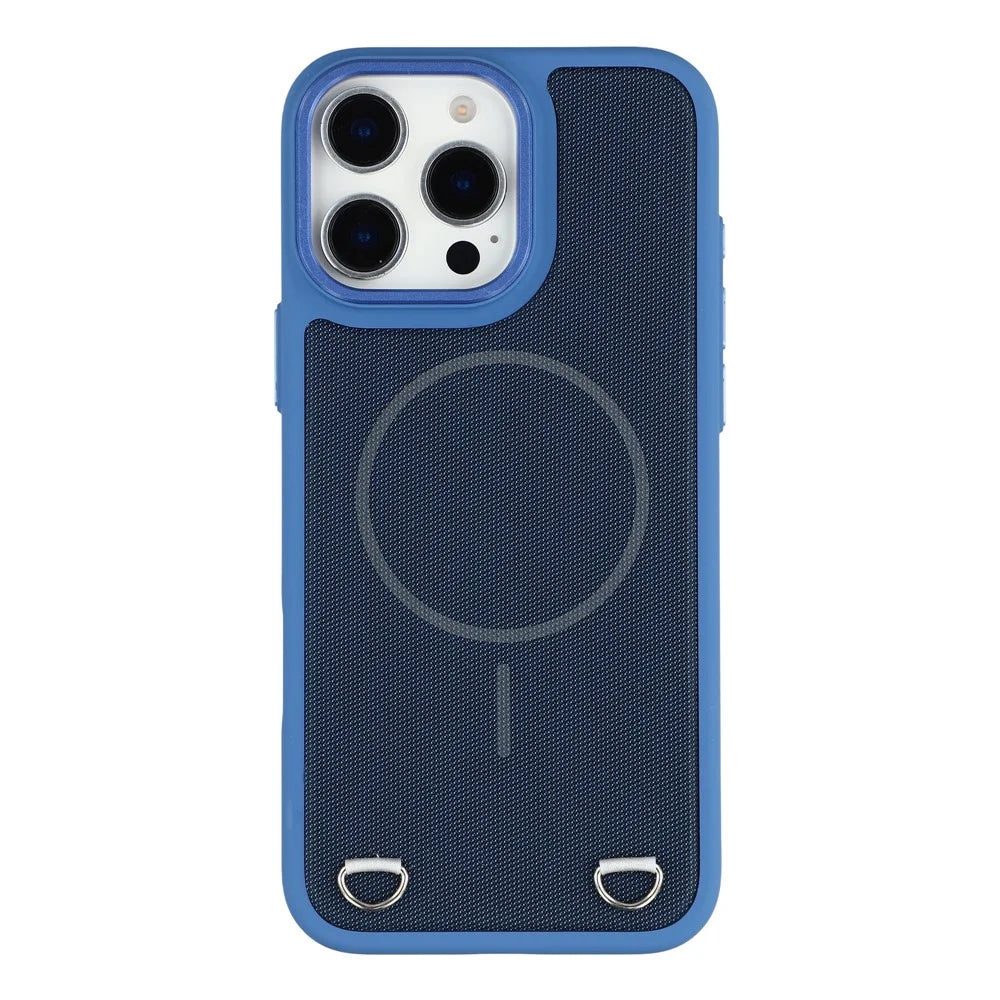 For iPhone 16 Pro Case Compatible with MagSafe Skin Touch Synthetic Leather + PC Phone Back Cover with Card Slot - Blue - 3
